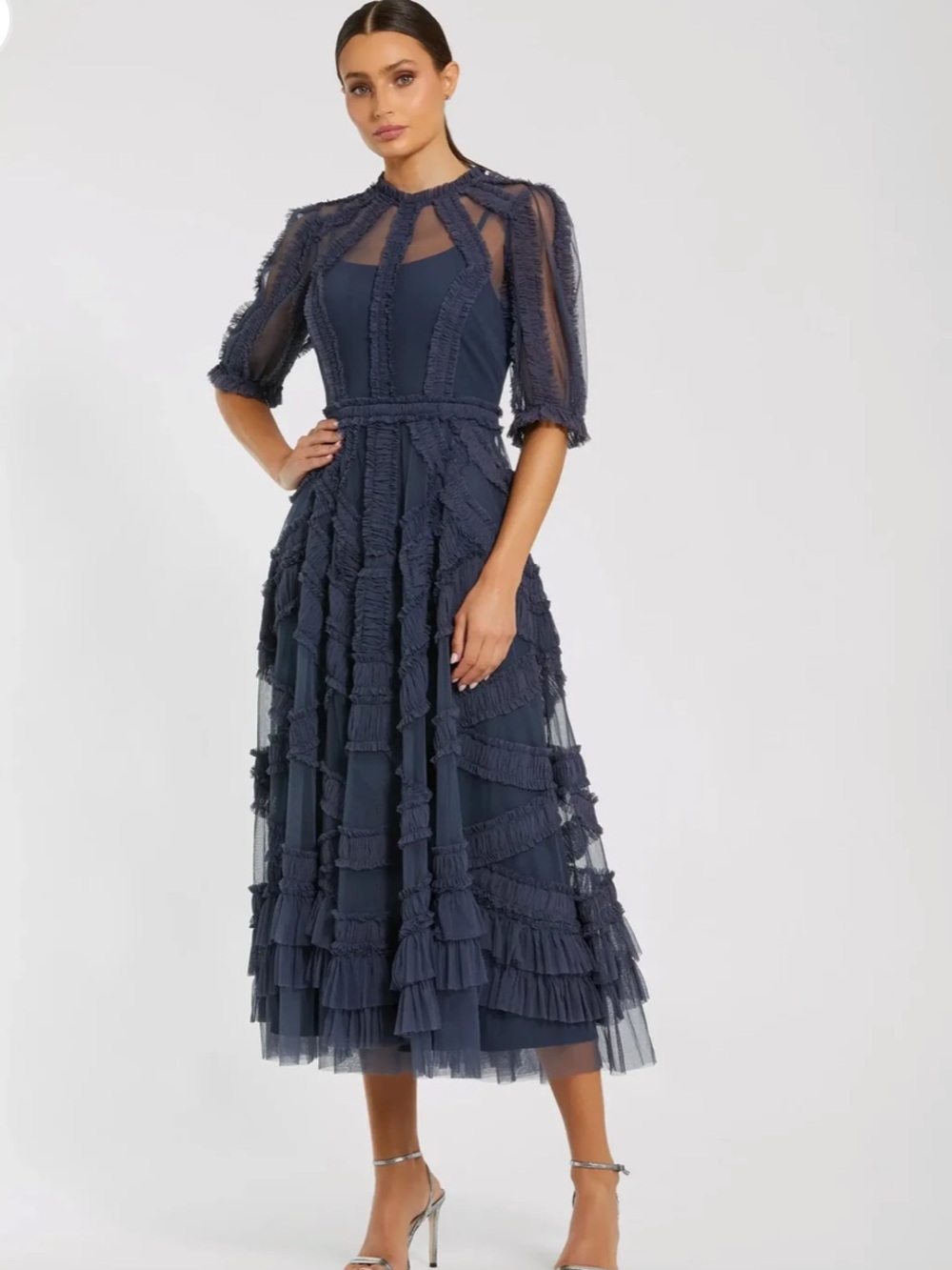 NWT Mac Duggal Midnight Navy Ruffled Tulle Midi Dress
